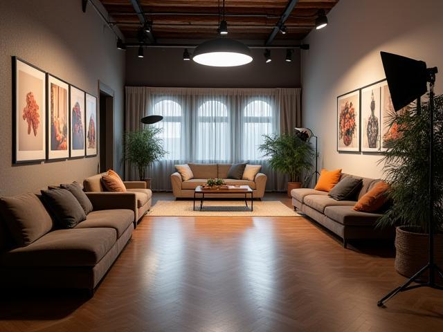A welcoming view of the Svetlina Image Studio in Plovdiv, showcasing a professional yet creative atmosphere, with examples of stunning photography displayed.